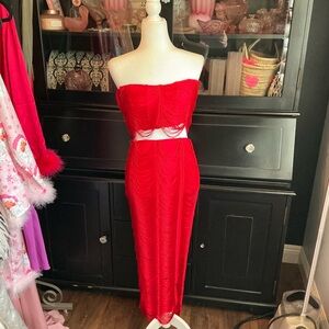Vibrant Red Fringe two piece  skirt and strapless top